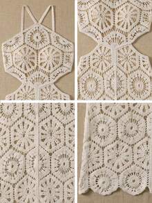 Summer Boho Halter Neck Crochet Lace Maxi Dress, Casual Beach Vacation Bohemian Cover Up For Women - Apricot - View 11