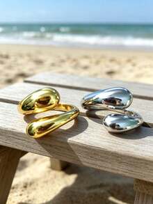 Summer Beach Fluid Asymmetric Water Drop Design Combination Rings, Metallic Gold & Silver Contrast Color, Adjustable Finger Rings, Shiny Metal Versatile Jewelry Gift, Random Style And Color - Multicolor - View 4
