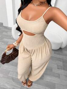Aliling Women's Fashion Casual Solid Color Hollow Waist Camisole Harem Jumpsuit, Tie-Back Design, Elastic Textured Fabric, Suitable For All Daily Occasions - Apricot - View 5