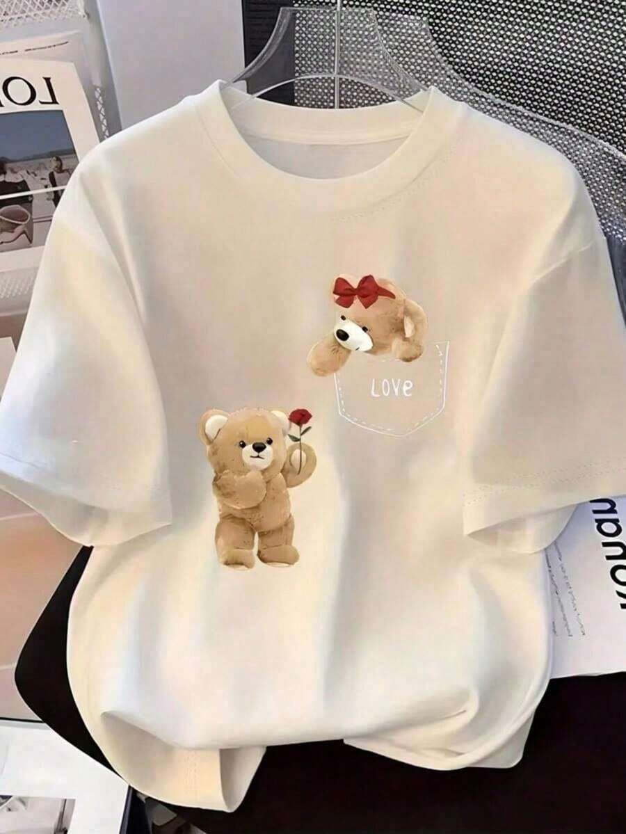 Women's Casual Love Heart Bear Couple Valentine's Day T-Shirt – Creative Graphic Print Stripes Letters, Round Neck Short Sleeve, Regular Fit, Comfortable And Lightweight Summer Fashion - 白色 - 查看 1