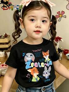 Disney Zootopia Kids T-Shirt, Judy Hopps & Nick Wilde "Kimshi" Quote Graphic Tee, Black Short Sleeve For Girls - 黑色 - 查看 1