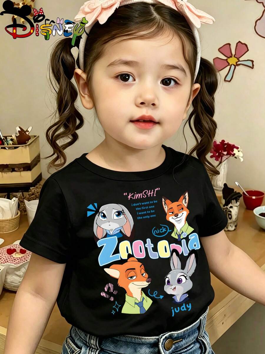 Disney Zootopia Kids T-Shirt, Judy Hopps & Nick Wilde "Kimshi" Quote Graphic Tee, Black Short Sleeve For Girls - 黑色 - 查看 1
