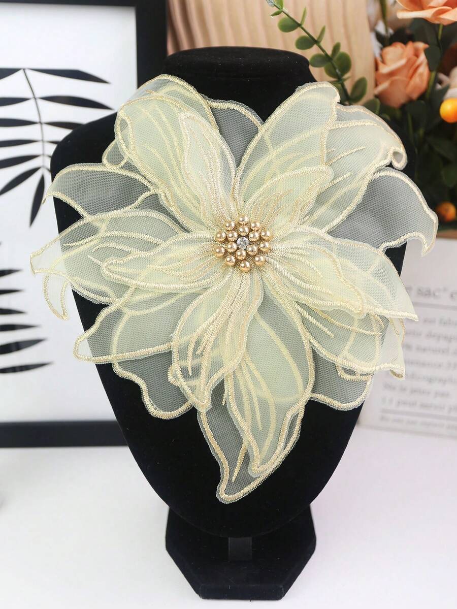 BNH3754 新款手工3D刺繡4層蕾絲水鑽與珠飾貼花,婚紗DIY配件,寬度:23cm/實際產品可能因光線、螢幕等因素而有輕微色差 - 淺黃 - 查看 1