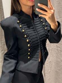 TF.MLN Women's Fashion Solid Color Napoleon Short Jacket, 2026 Spring New Arrival, Stand Collar Short Jacket, Long Sleeve Street Style Cool Top Black - Black - View 3