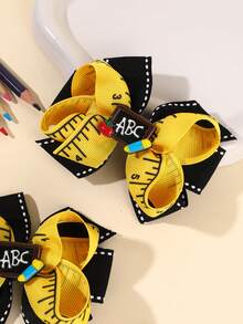 2 piezas de pinzas para el cabello con lazo de vuelta a la escuela, pinzas de cocodrilo, decoración de patrón de regla & mini pizarra, barretas de cinta de satén, accesorios de cabello casuales para niñas y niños - Multicolor - Ver 4