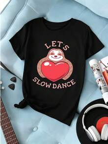 Niedliches Faultier-Herz-T-Shirt für Damen, Herbst, Hochwertiger Stoff, Statement-Print, L?ssig, Atmungsaktiv, Neuerscheinung - Schwarz - Übersicht 2