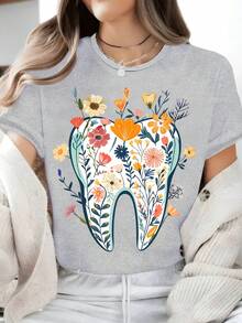 Dental Wildflower Print T-Shirt, Dental Team T-Shirt, Dental Assistant T-Shirt, Dentists Group T-Shirt, Nature Lover T-Shirt - 淺灰色 - 查看 1