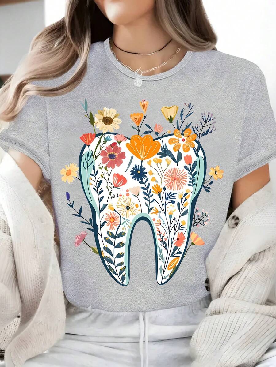 Dental Wildflower Print T-Shirt, Dental Team T-Shirt, Dental Assistant T-Shirt, Dentists Group T-Shirt, Nature Lover T-Shirt - 淺灰色 - 查看 1