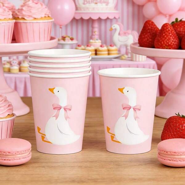 10/20/40pcs 9oz Silly Goose Birthday Party Pink Bow Goose Disposable Paper Cups, Suitable For 1st Birthday Party Decoration
