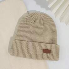 3 piezas / 1 pieza Gorro de punto unisex de unicolor con etiqueta de cuero, versátil y cálido, protección para las orejas, estilo minimalista, etiqueta pequeña, protección contra el frío, estilo japonés, versión coreana, otoño/invierno - Multicolor - Ver 7