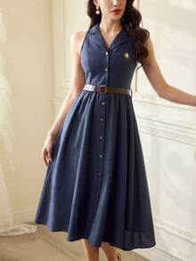 Vestido de verano de longitud media con botones frontales y sin mangas, con diseño de rayas, elegante y vintage para mujeres. Atuendos de v - Azul y blanco - Ver 2