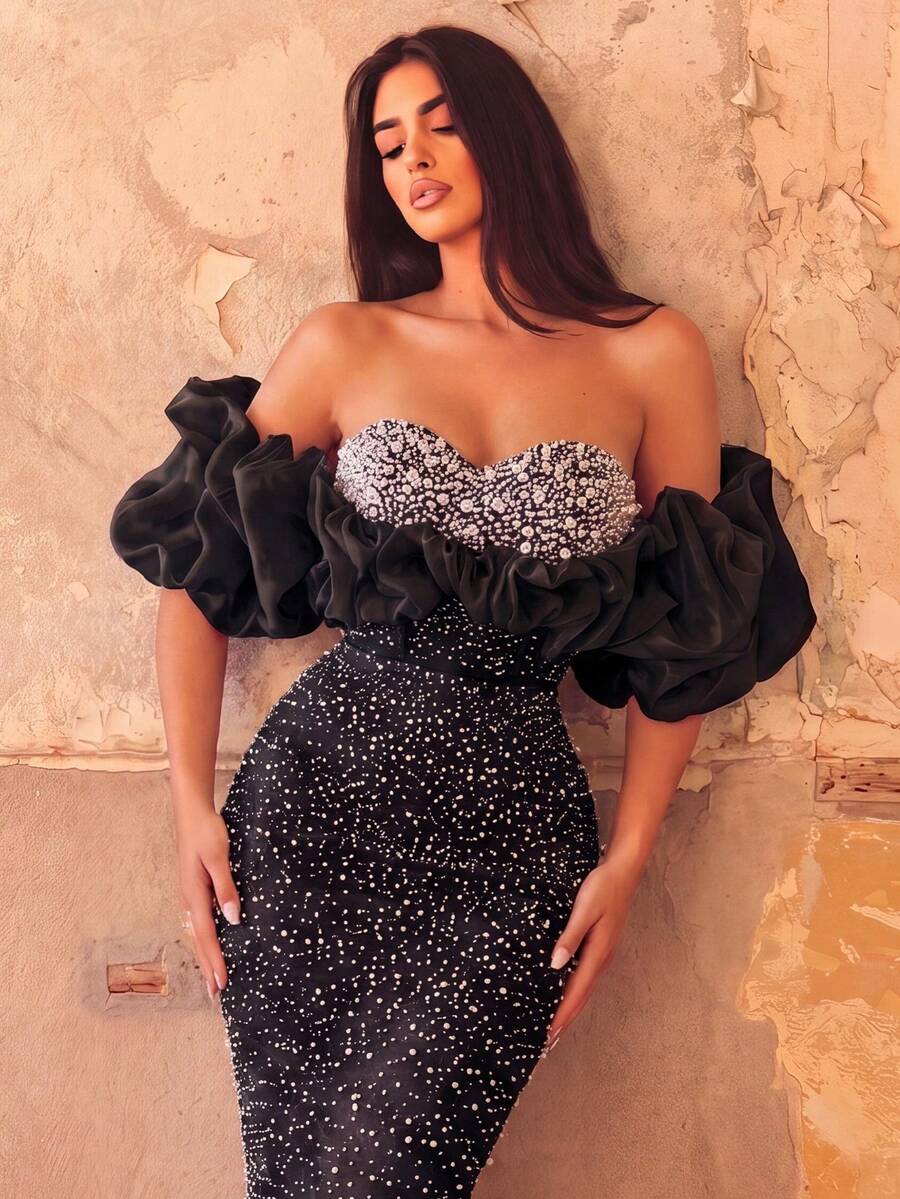 Elegant & Glamorous Long Sequin Evening Gown, Cold Shoulder Ruffle Sleeves, Beaded Details, Built-In Cup Support Wedding