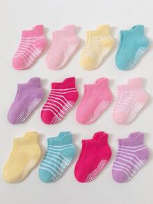 12 Pairs Girls Candy Color Basic Non-Slip Sole Children Sports Socks With Ear Tabs, Multi-Function Trampoline Socks, Floor Socks - Multicolor - View 12