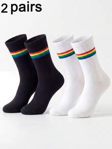 2/4 Pairs Unisex Classic Rainbow Striped Breathable Soft Mid-Calf Socks, Casual Sports Versatile, Suitable For Gifts, All Season - Multicolor - View 8