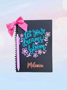 Custom Name Motivational Notebook And Pen Set,Cute Black Notebook And Pen Set With Pink Bow, Custom Name "Let Your Dreams Bloom" Journal,Thoughtful Gift For School - Multicolor - View 8