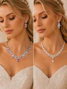 1 Set Handmade Sparkling Leaf Bridal Pendant Necklace And Earrings, For Wedding, Formal Event, Gift, Photo Shoot, Date, Graceful Bridal Jewelry Set. - Silver - View 11