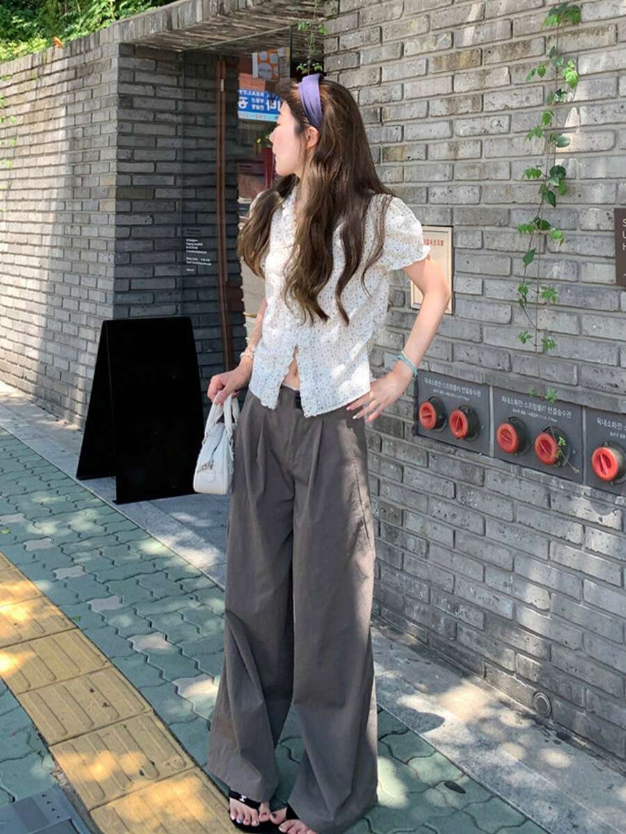 百搭休閒簡約純色寬腿褲 - 咖啡棕 - 查看 1