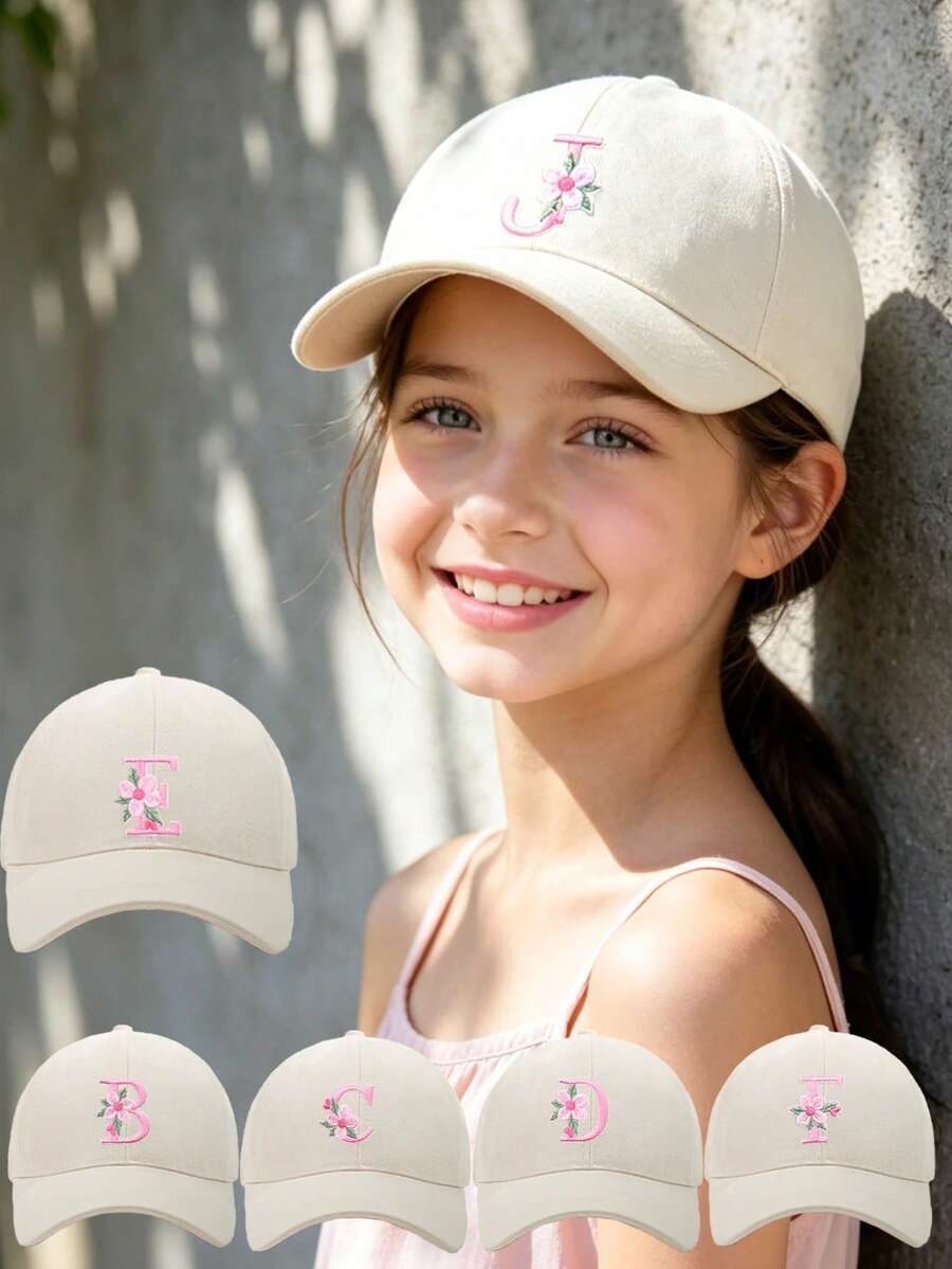 1 pieza Gorra de béisbol ajustable con flor y letra para niñas de 3-16 años, sombrero de sol con visera ajustable para deportes al aire libre, uso casual diario - Beis - Ver 1