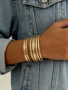 7PCS INS Style Rhombus Twisted Smooth Open Bangle Bracelet Set, Asymmetrical Punk Multi- Bracelets For Women - Gold - View 2