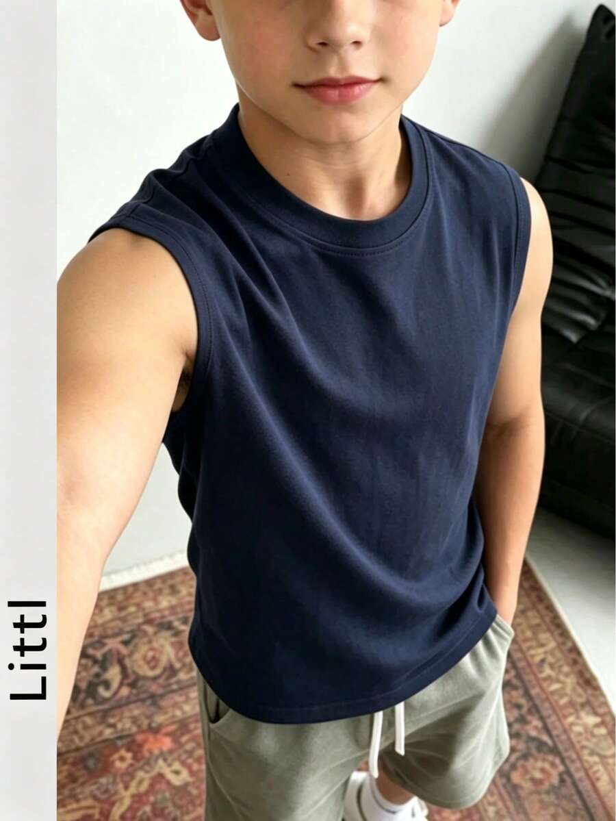 男童及青少年学生休闲圆领无袖背心,清爽时尚,春夏款 - 藏蓝色 - 查看 1