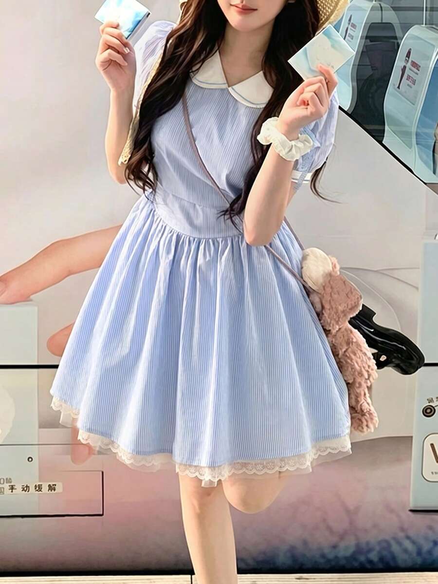 女士夏季彼得潘领蓝色条纹短袖衬衫裙,收腰设计,蓬蓬裙摆,优雅 - 藍色 - 查看 1