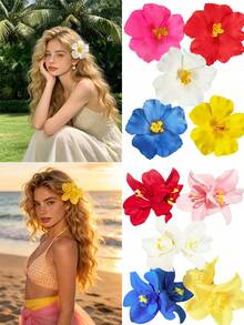 1/8pcs Summer Hawaiian Floral Hair Clips, Solid Color Women's Hibiscus Hair Clips, Suitable For Beach, Vacation, Party,Hair Slide - Multicolored Phalaenopsis Orchid - View 15