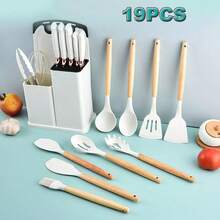 19Pcs Silicone Kitchen Utensil Set – Non Stick Cooking Tools With Wooden Handle, Spatula & Spoon For Home - Pink - View 3