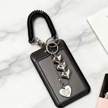1pc Card Holder With Keychain - Cute And Practical Plastic Design, Suitable For Storing ID Cards, Credit Cards And Keys - Black And White Heart Pendant, Durable And Fashionable Women's Accessory - Heart-shaped Pendant + Spring + Card Holder - View 12