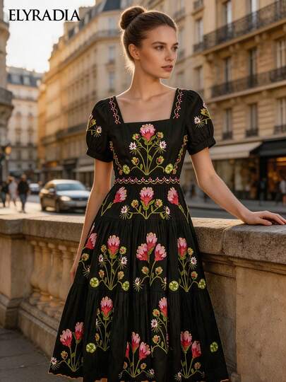 ELYRADIA Women's Vacation Wear Elegant Party Dress Casual Knee-Length Midi Skirt Embroidered Floral Wedding Party Guest Formal Evening Gown