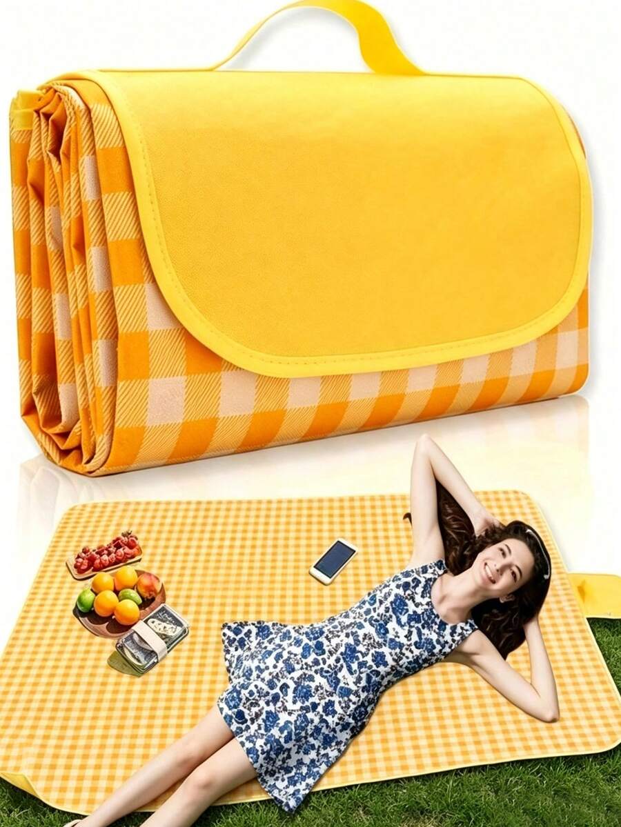 Tikar Piknik Anti Pasir - Motif Kotak-kotak Kuning & Putih dengan Pinggiran Oranye - Dapat Dilipat, Kain Non-Anyaman Tahan Lama, Cocok untuk Berkemah, Mendaki, Aktivitas Luar Ruangan - Cuci dengan Tangan, Perlengkapan Penting untuk Berkemah di Luar Ruangan | Motif Kotak-kotak | Kanvas Tahan Lama