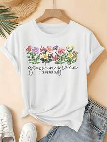 Women's Bohemian Style Summer Clothes "Grow With Grace" 2 PETER 3:45.72cm, Women's Plus Size T-Shirt With Religious Floral Print, Round Neck, Short Sleeve, Casual, Versatile - 白色 - 查看 1