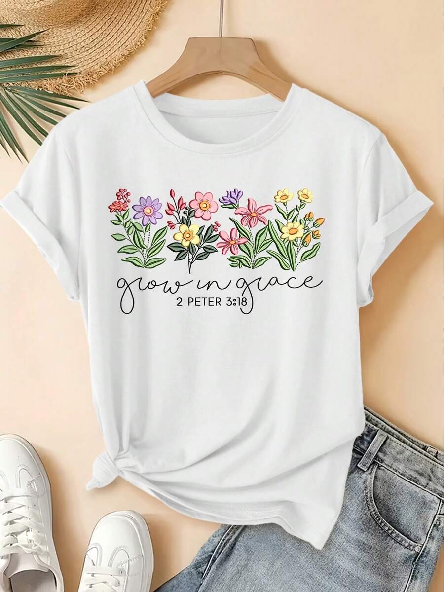 Women's Bohemian Style Summer Clothes "Grow With Grace" 2 PETER 3:45.72cm, Women's Plus Size T-Shirt With Religious Floral Print, Round Neck, Short Sleeve, Casual, Versatile - 白色 - 查看 1