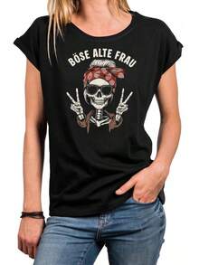 Women's Skull Print Tee With Sassy Quote – Biker T-Shirt For Festival, Rock & Moto Fans – Cotton In Blue, Grey Or Black S– 2XL - 34-36 = Size S US Women's Numeric - View 1