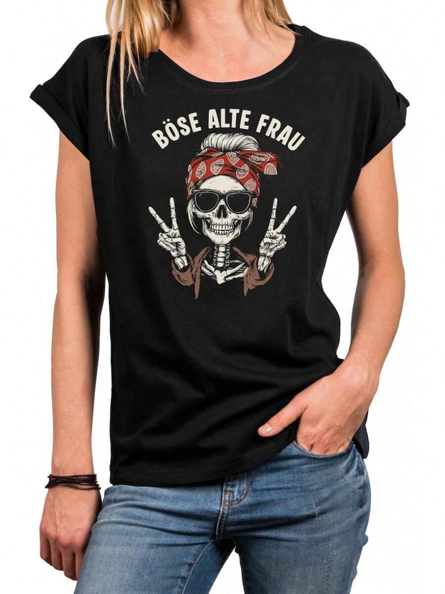 Women's Skull Print Tee With Sassy Quote – Biker T-Shirt For Festival, Rock & Moto Fans – Cotton In Blue, Grey Or Black S– 2XL - 34-36 = Size S US Women's Numeric - View 1