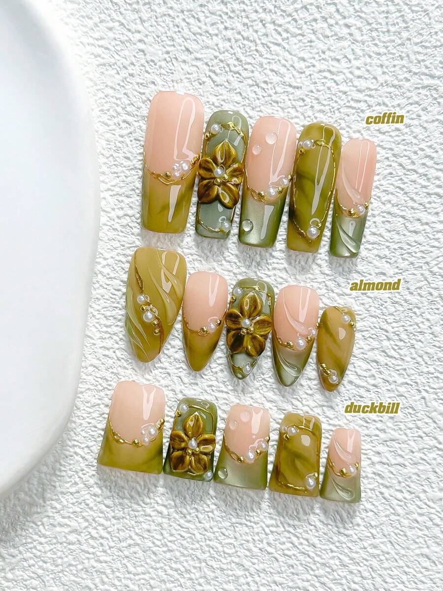 10pcs Elegant Handmade Press-On Nails, Polygel Nail Art Set, Pearl Petal Pattern, Dark Green Nail Polish, Minimalist Style, Includes Nail Tools, 3 Sizes Available, Almond/Duck/Coffin Shape, Suitable For Party, Dancing, Daily Wear - 彩色 - 查看 1