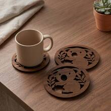 4pcs/Set Rustic Koala Themed Wooden Coasters, Double-Sided Heat-Resistant Non-Slip Surface. Suitable For Coffee Cups, Tea Cups, Wine Glasses, Perfect For Home Dining Room, Office Desk, Bar, Cafe, Great Housewarming Gift And Kitchen Decor. - Multicolor - View 1