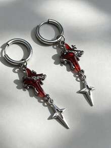 1 Pair Gothic Style Red Star Chain Cross Earrings, Red Crystal Spider Earrings, Punk Style Heart Cross Earrings, Fashionable Korean Design - Multicolor - View 6