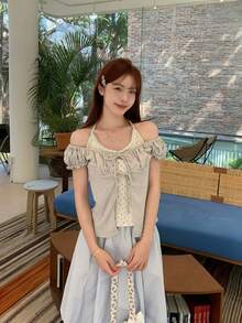 女款掛脖式 2 合 1 飛袖 T-shirt，夏季韓系甜美碎花綁帶上衣 - 灰色 - 查看 1