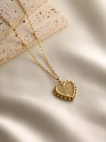 1pc Minimalist Fashion Stainless Steel 18K Gold Plated Double-Sided Hammered Heart Pendant Necklace, Hypoallergenic Collarbone Chain, Versatile For Women's Daily Commute, Party And Holiday Gift - Gold - View 2