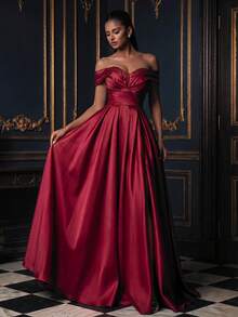 Smilprince Vestido de fiesta encantador para mujer, vestido maxi de manga corta con hombros descubiertos, abertura hasta el muslo, manga regular, hecho de tela tejida sin estiramiento para boda - Burdeos - Ver 5