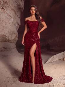 Elegant Sequin One-Shoulder High-Waist Slit Backless Lace-Up Floor-Length Party Dress, Suitable For Prom, Birthday Party, Dinner Date, Homecoming Party And Wedding - Burgundy - View 3