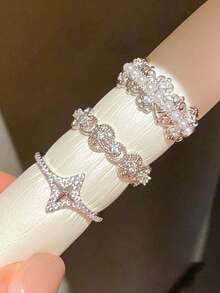 1/3pcs Fashionable Luxury Star Hollow Ring Copper Inlaid Rhinestone Faux Pearl Silver Open Ring, Suitable For Women's Daily Party Holiday Date Matching, Jewelry Gift, Wedding Jewelry - Silver - View 2