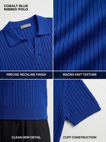 Men's Summer Knitted Classic Ribbed Collar Solid Color Short Sleeve Shirt, Suitable For Summer Outdoor Activities, Fashion Essential - Blue - View 5