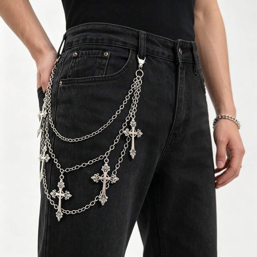 1pc Metal Pants Chain, Hip-Hop Luxury Style, Versatile Jeans Hanging Chain Accessory - Silver - View 1