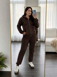 Women's Winter Fleece Set: Zip-Up Hoodie And Comfortable Jogger Pants For Airport Travel - Rust Brown - View 4