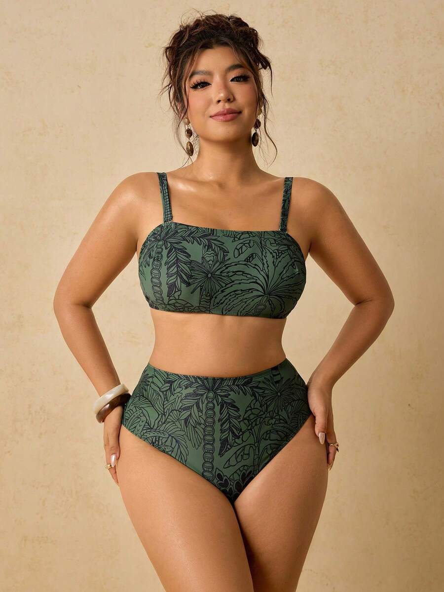 Conjunto de traje de baño estampado para mujer de talla grande, parte superior de traje de baño con lazo en el escote tipo bandeau - Verde Oscuro - Ver 1