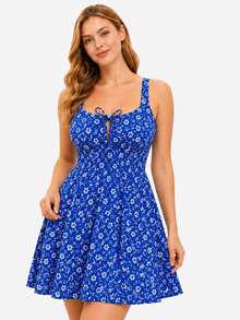 Women's Short Floral Dress With Wide Straps, Fitted Waist, Lightweight, Casual - 寶藍色 - 查看 5
