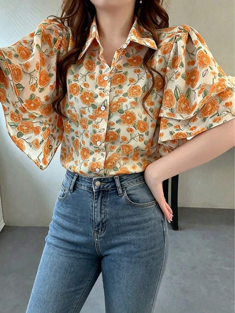 Plus Size Women Floral Print Ruffle Trim Short Sleeve Blouse Vacation Summer - Multicolor - View 1