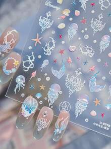 1件 5D夏季奢華海洋貝殼美甲貼紙，漸層極光鮑魚海星海馬美甲裝飾貼花 DIY配件 - 彩色 - 查看 2