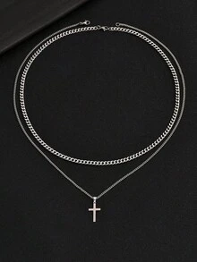 2pcs/Set Kalung Liontin Salib Stainless Steel Serbaguna Gaya Hip-Hop untuk Pria, Cocok untuk Pemakaian Sehari-hari, Perjamuan, Pesta, Klub Malam, dan Berbagai Acara - Perak - View 1